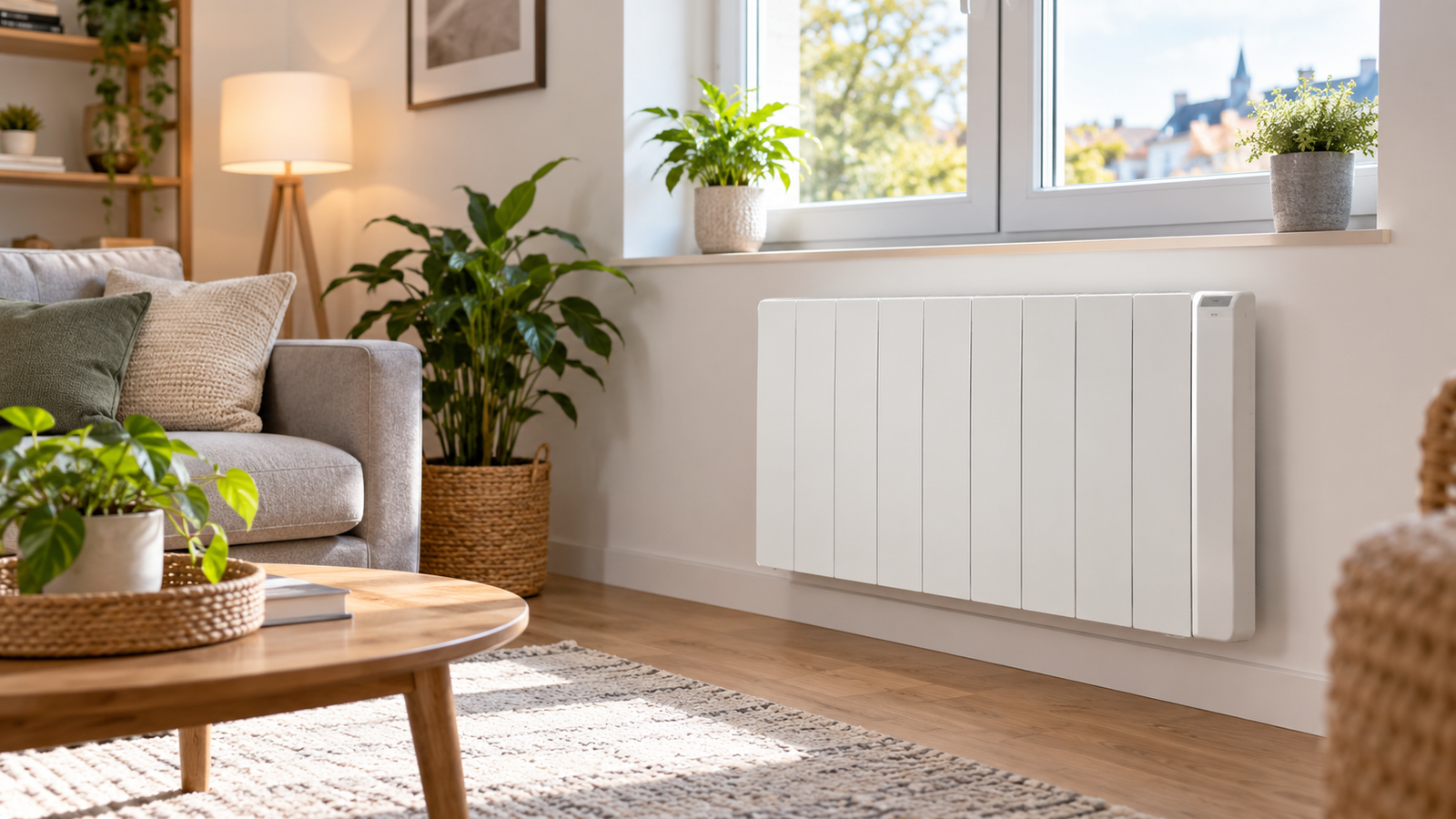 Radiateur électrique à inertie moderne installé dans un salon lumineux pour améliorer le confort thermique et maîtriser la consommation d'én